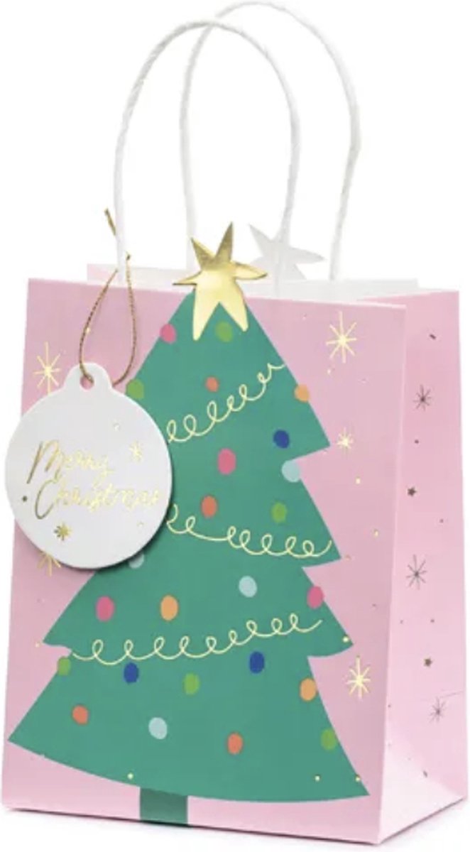 Giftbag Kerstboom Roze tas - 14 x 20,5 x 8 cm