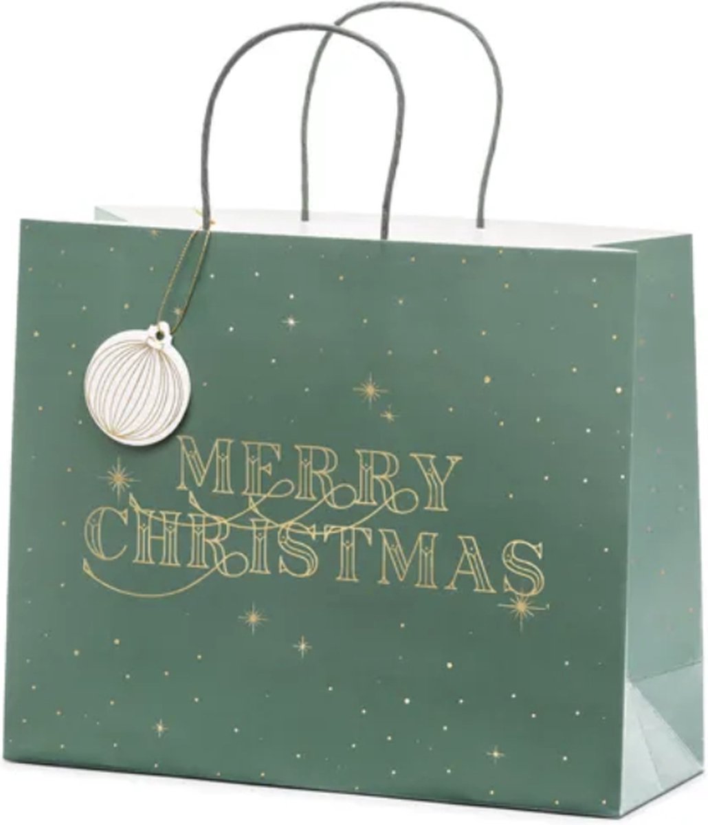 Giftbag Merry Christmas Groen - 32,5 x 26,5 x 11,5 cm