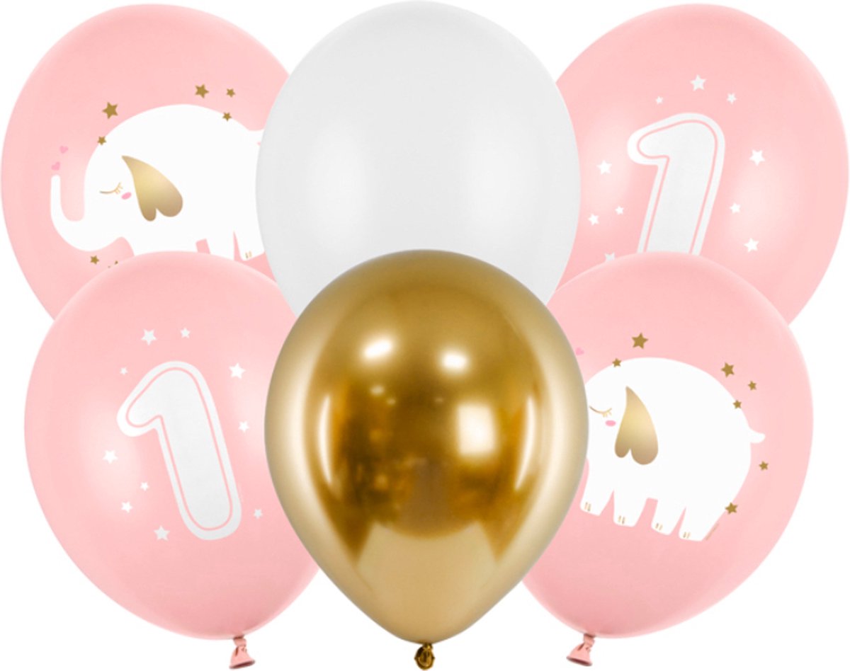 Partydeco ballonnen - 1 jaar pastel roze (6 stuks)