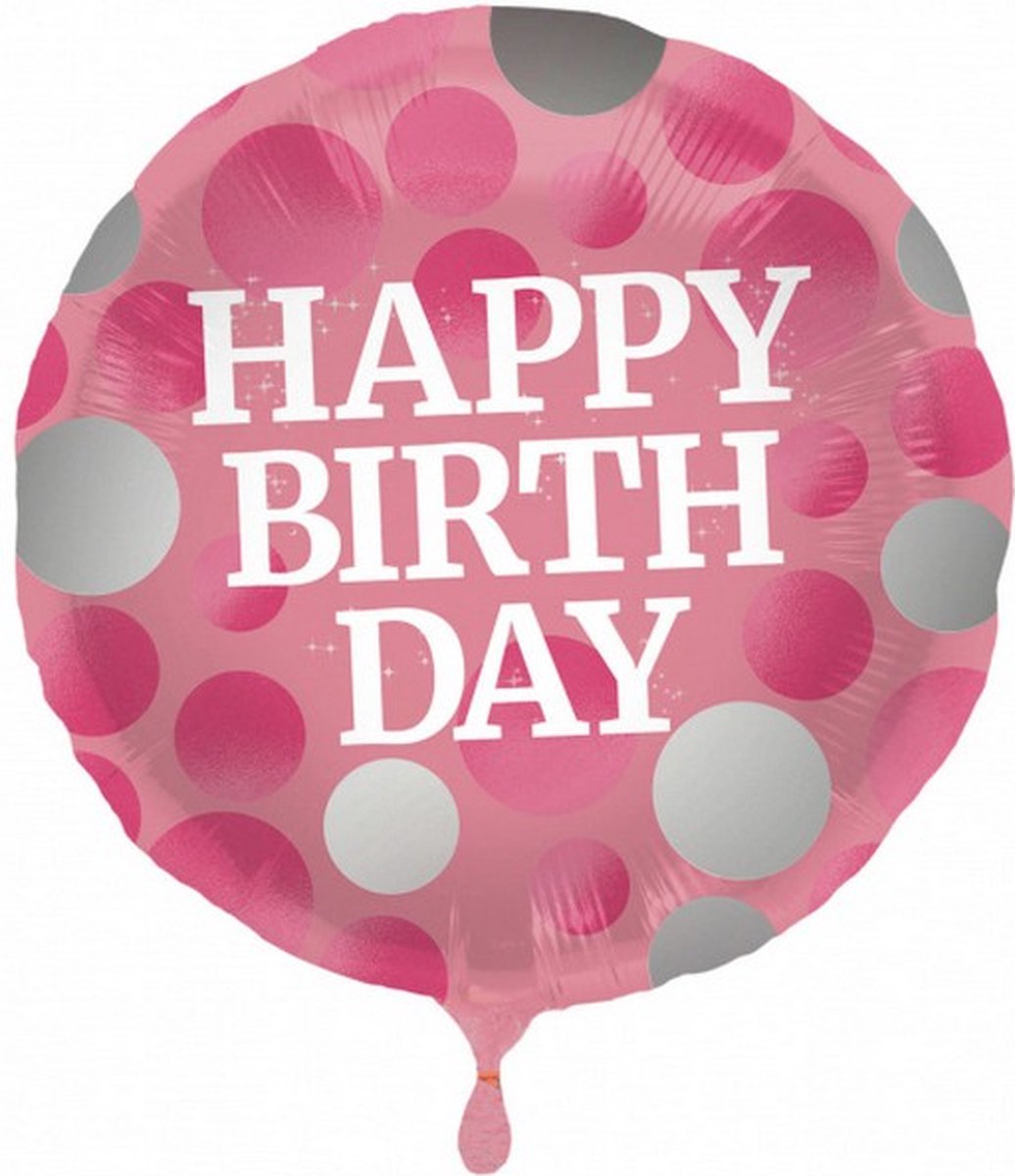 folieballon Happy Birthday 45 cm roze/wit