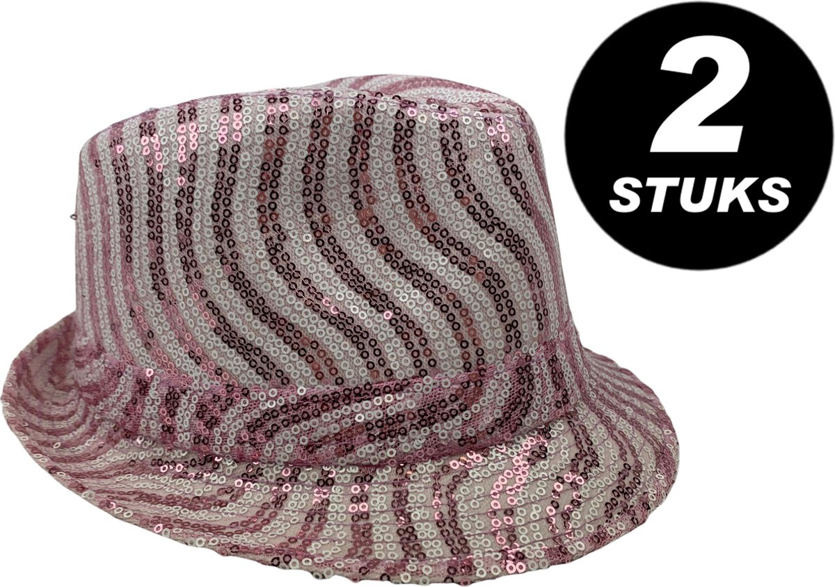 2 stuks - Trilby Popstar hoed pailletten roze met wit