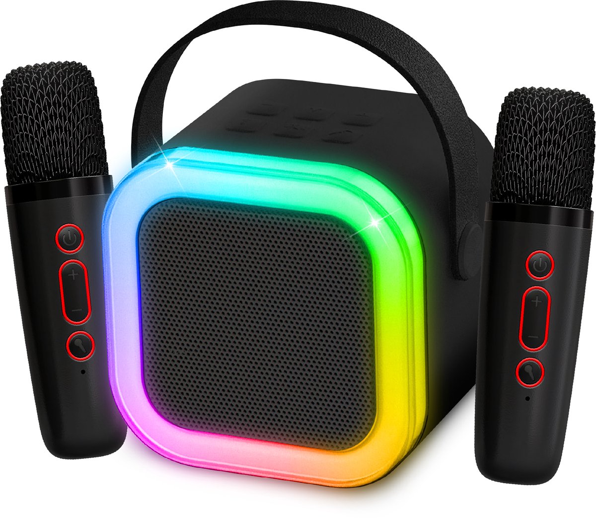   Mini duo karaoke set party speaker - met twee microfoons zwart - Discoverlichting - Draadloos - Voor volwassenen en kinderen