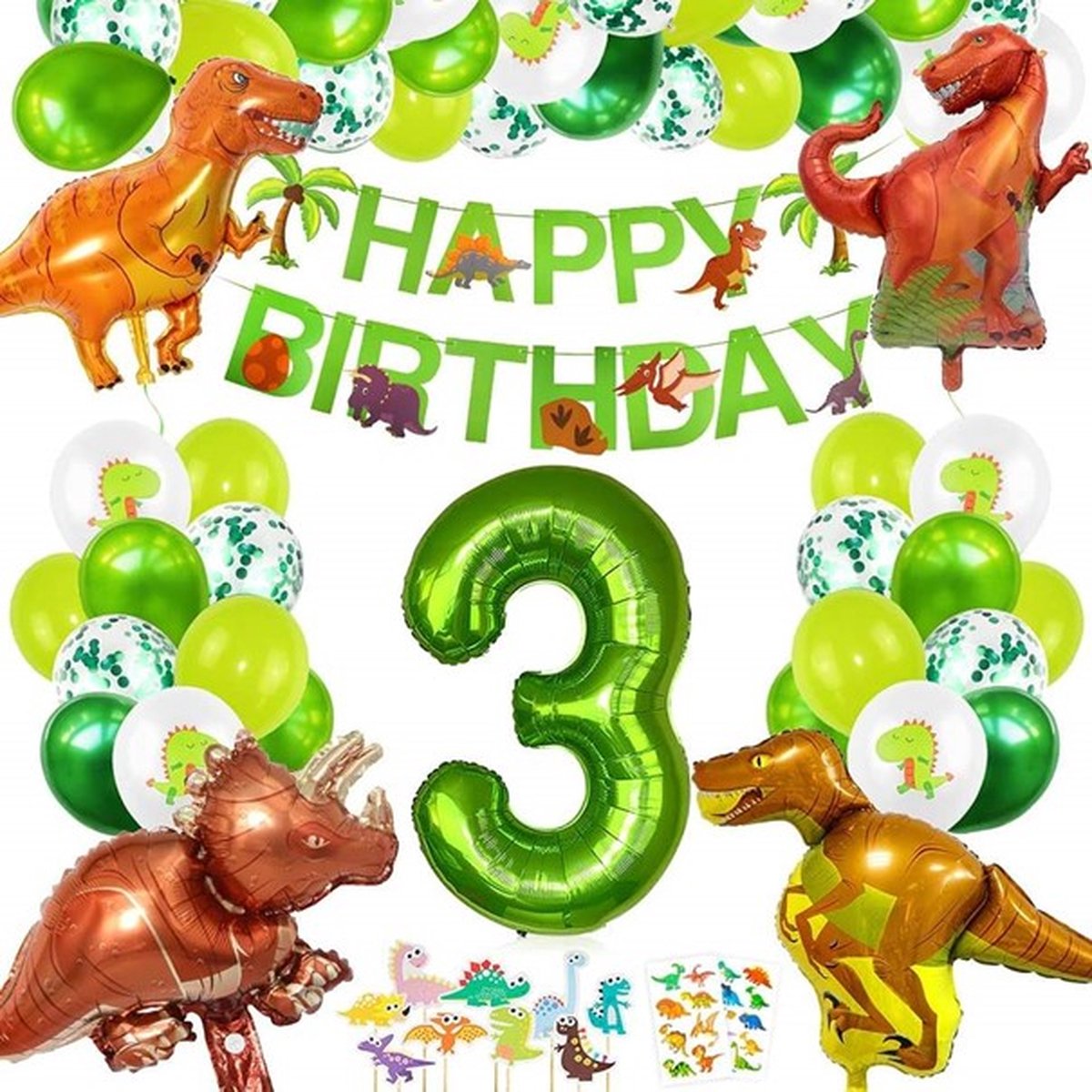 PartyPakket® - Dino Versieren Verjaardag -  Dino Ballonnen - Dino Slingers - All-in-one Feestpakket- 3 Jaar Ballonnen - Hoera 3 Jaar - Dinosaurus - Kinderfeestje Verjaardag