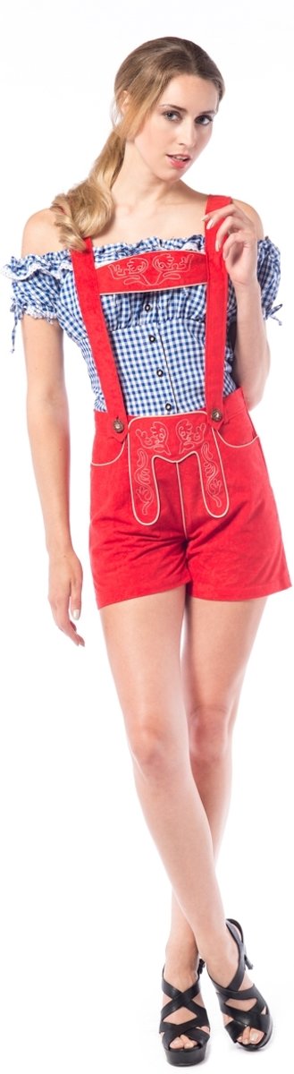 Verkleedkleding voor dames: Stoffen lederhosen deluxe rood