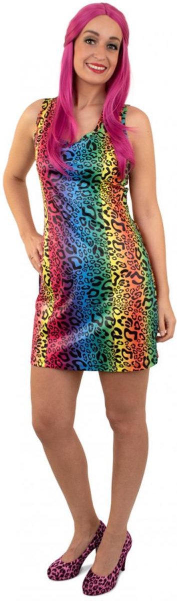 Jurk regenboog panterprint - carnavalskleding dames - maat 34/36