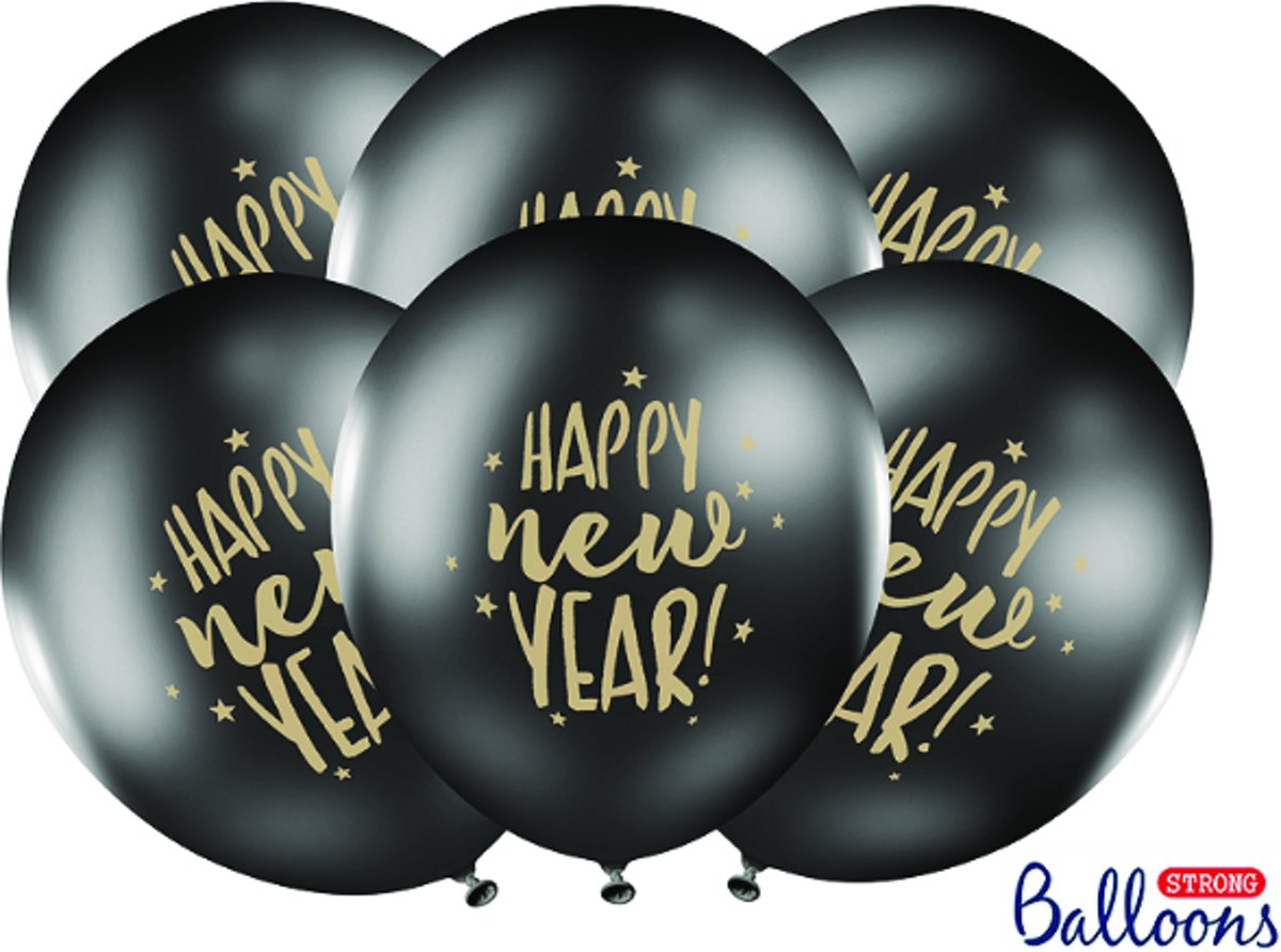 Ballonnen Happy New Year 50 stuks black/gold