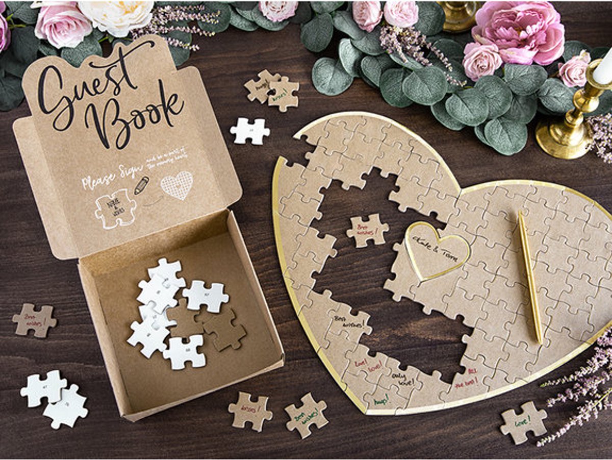 Gastenboek puzzel kraft met goud Forest Wedding - gastenboek - puzzel - hart - kraft - trouwen - huwelijk - bruiloft