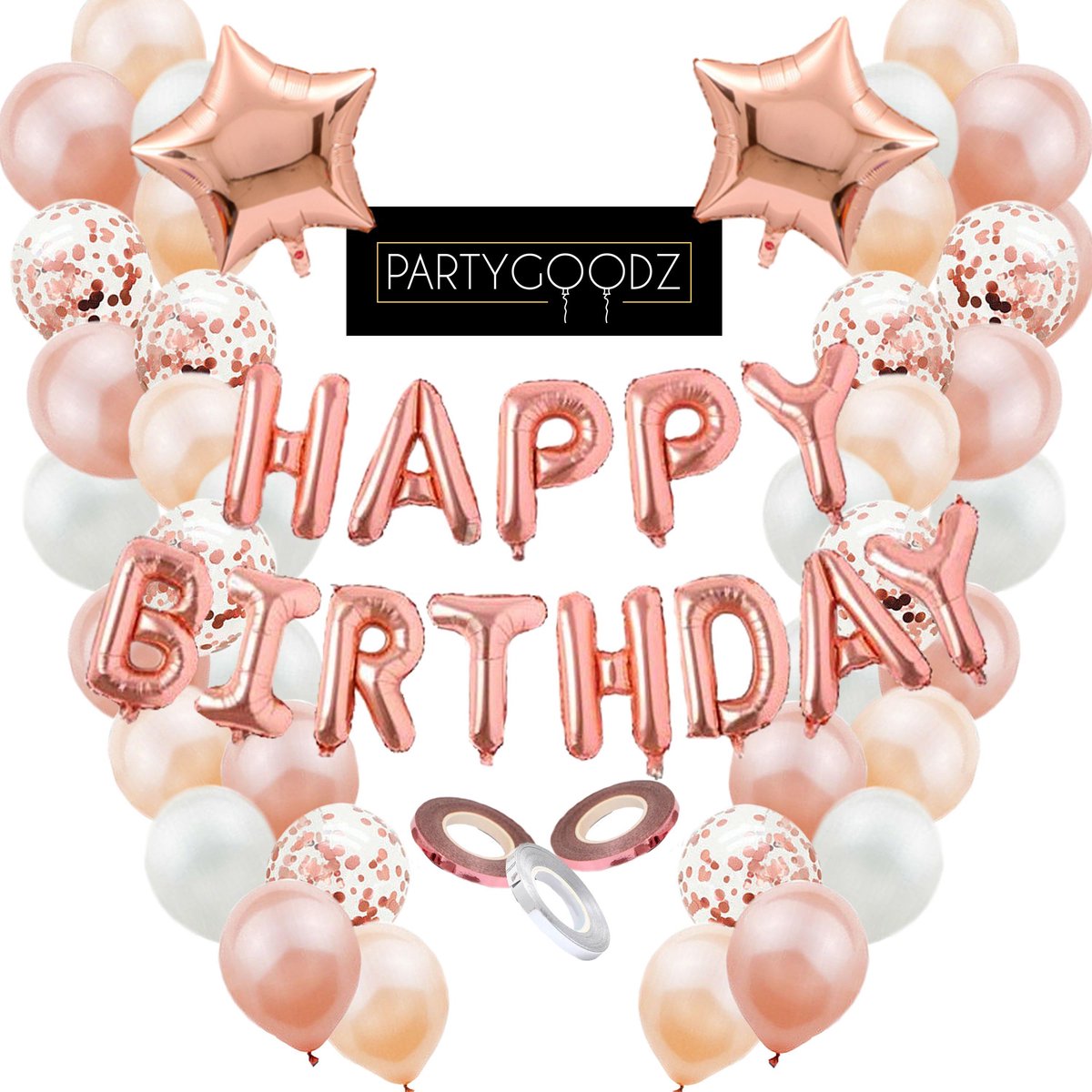 Partygoodz - 58 Stuks - Rose Goud Verjaardag - Decoratie Versiering met Ballonnen - Happy Birthday - Confetti - Feest - Roze – Helium - Partypack