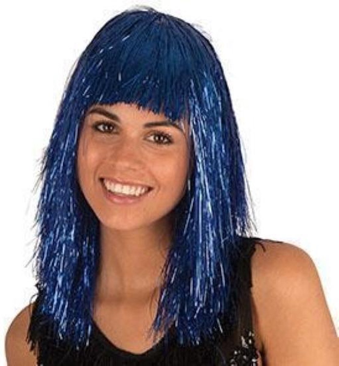 Disco Pruik Tinsel Blauw