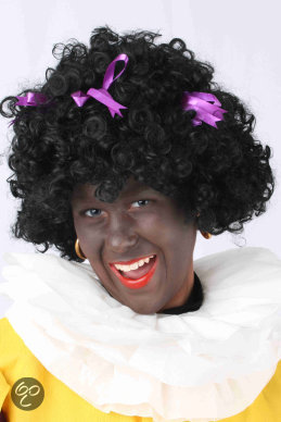 Zwarte piet dames pruik met paarse strikjes