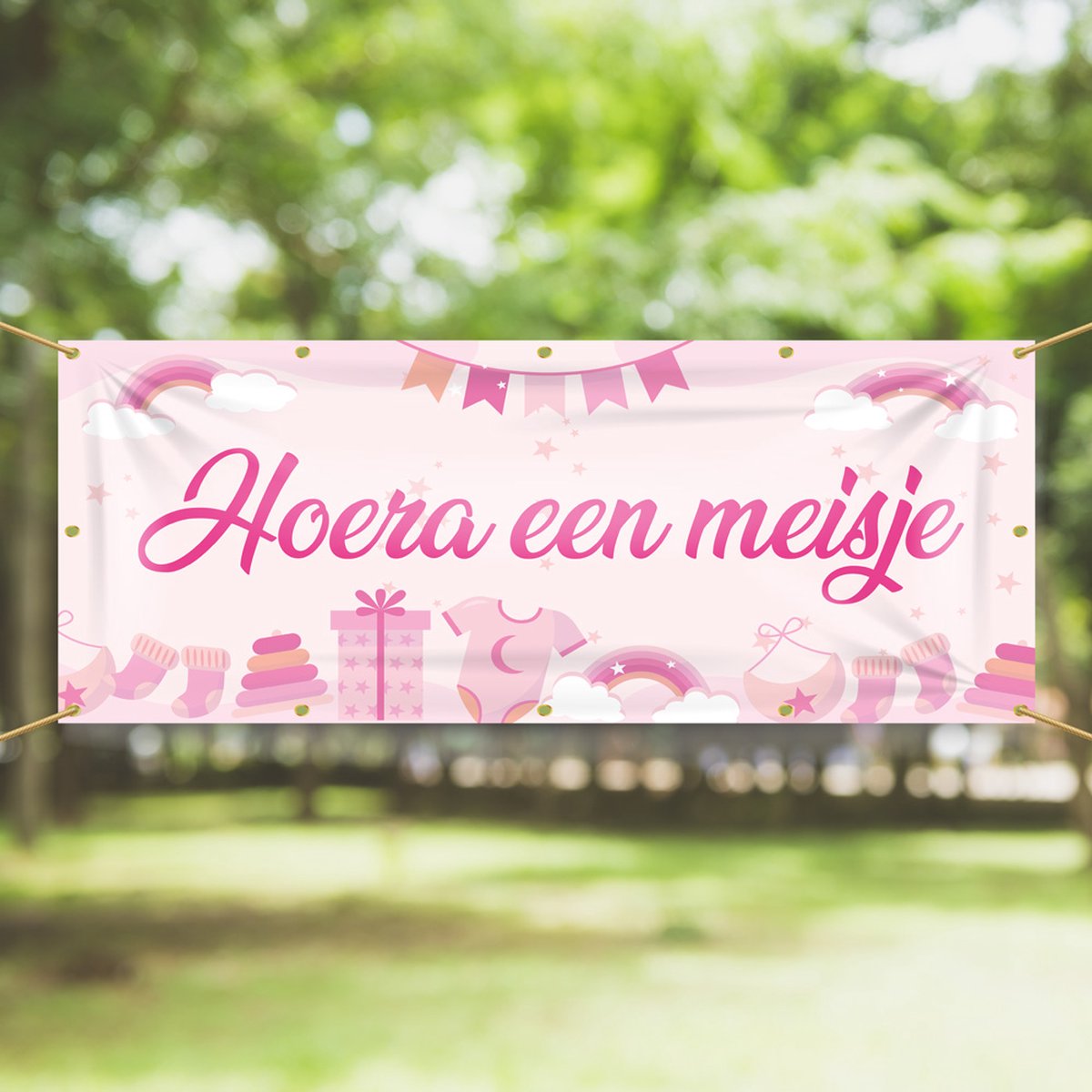 Spandoek - Hoera een meisje regenboogjes - roze - geboorte versiering meisje - gender reveal - baby - 150 x 50 cm