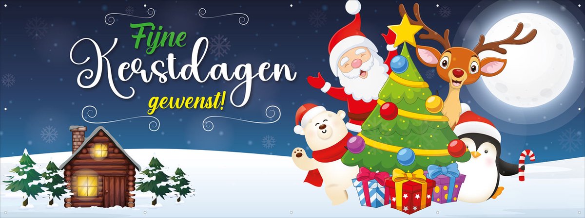 Spandoek Fijne Kerstdagen gewenst - 200 x 75 cm - Kerstfiguren bij kerstboom - Kerstman - Kerstboom - kerst - oud en nieuw - nieuwjaar - kraam - winkel - banner