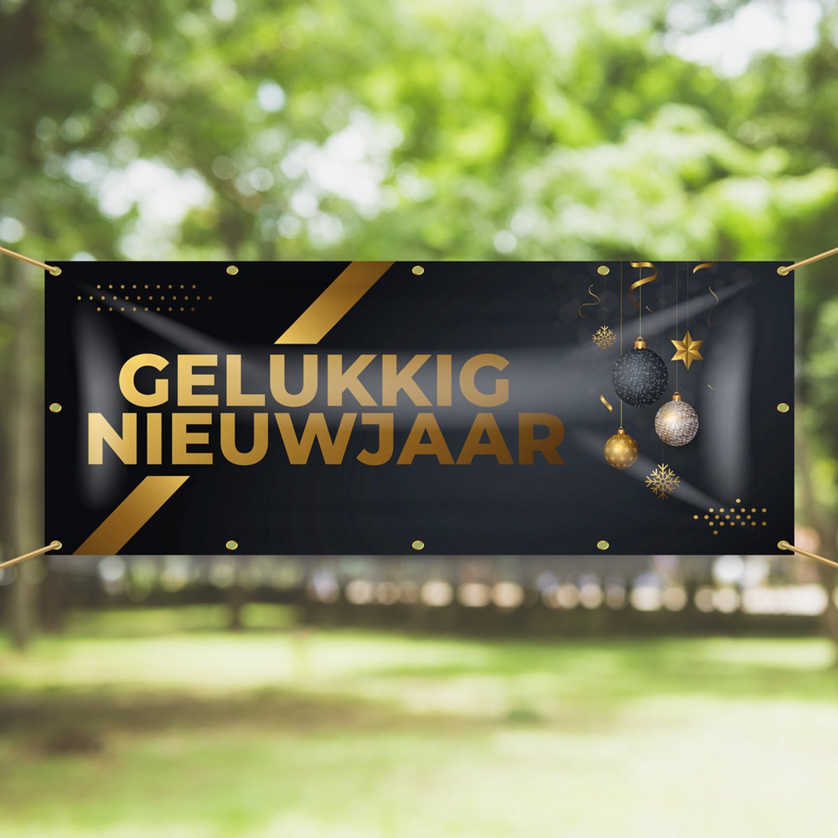 Spandoek Gelukkig nieuwjaar - Gouden versieringen - 150 x 50 cm - Oud en Nieuw versiering - nieuwjaar - feestartikelen - decoratie - banner - slinger