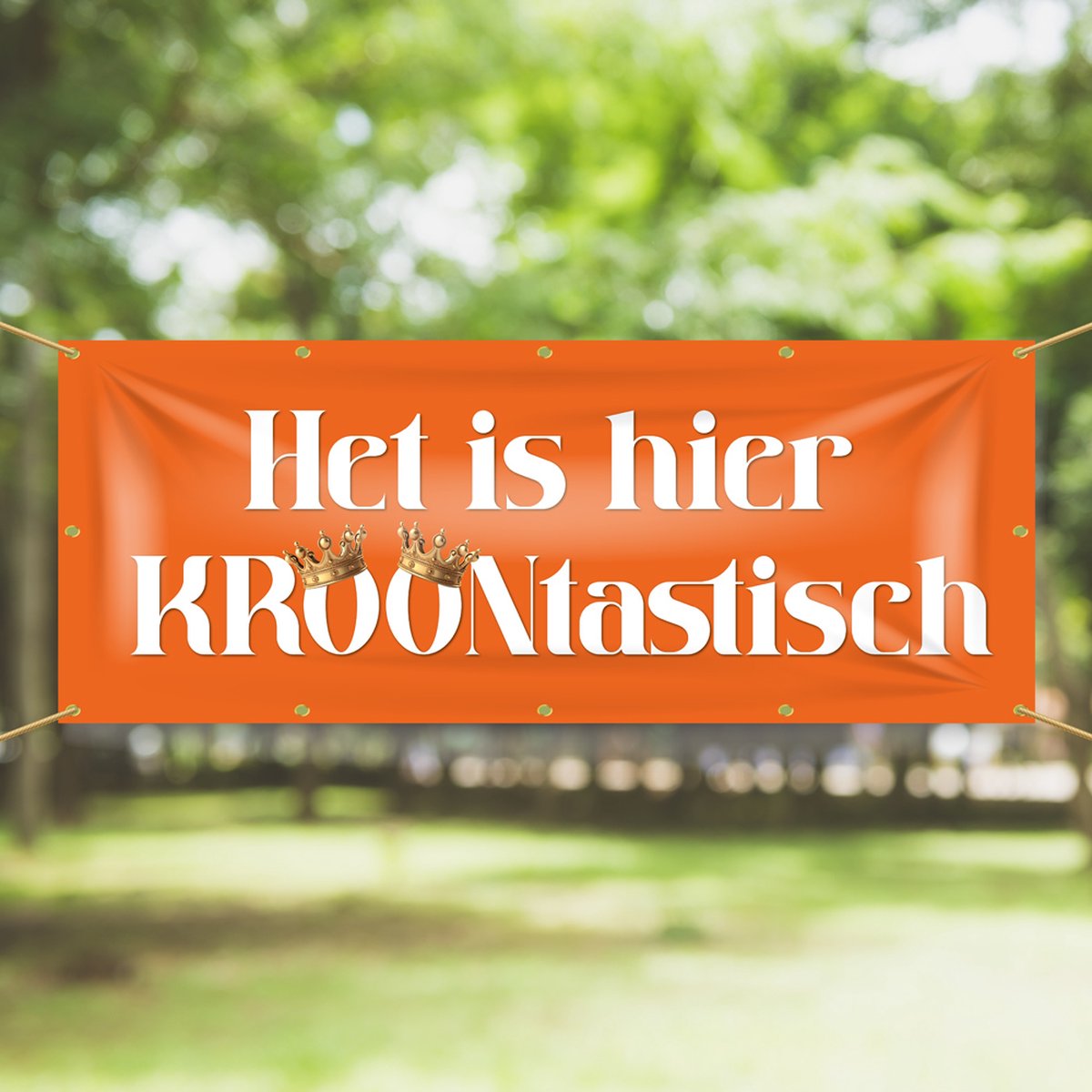 Spandoek Het is hier KROONtastisch! - 200 x 75 cm - Oranje - Kronen -Koningsdag - Oranje Koningsdag decoratie - Versiering - Konings accessoires