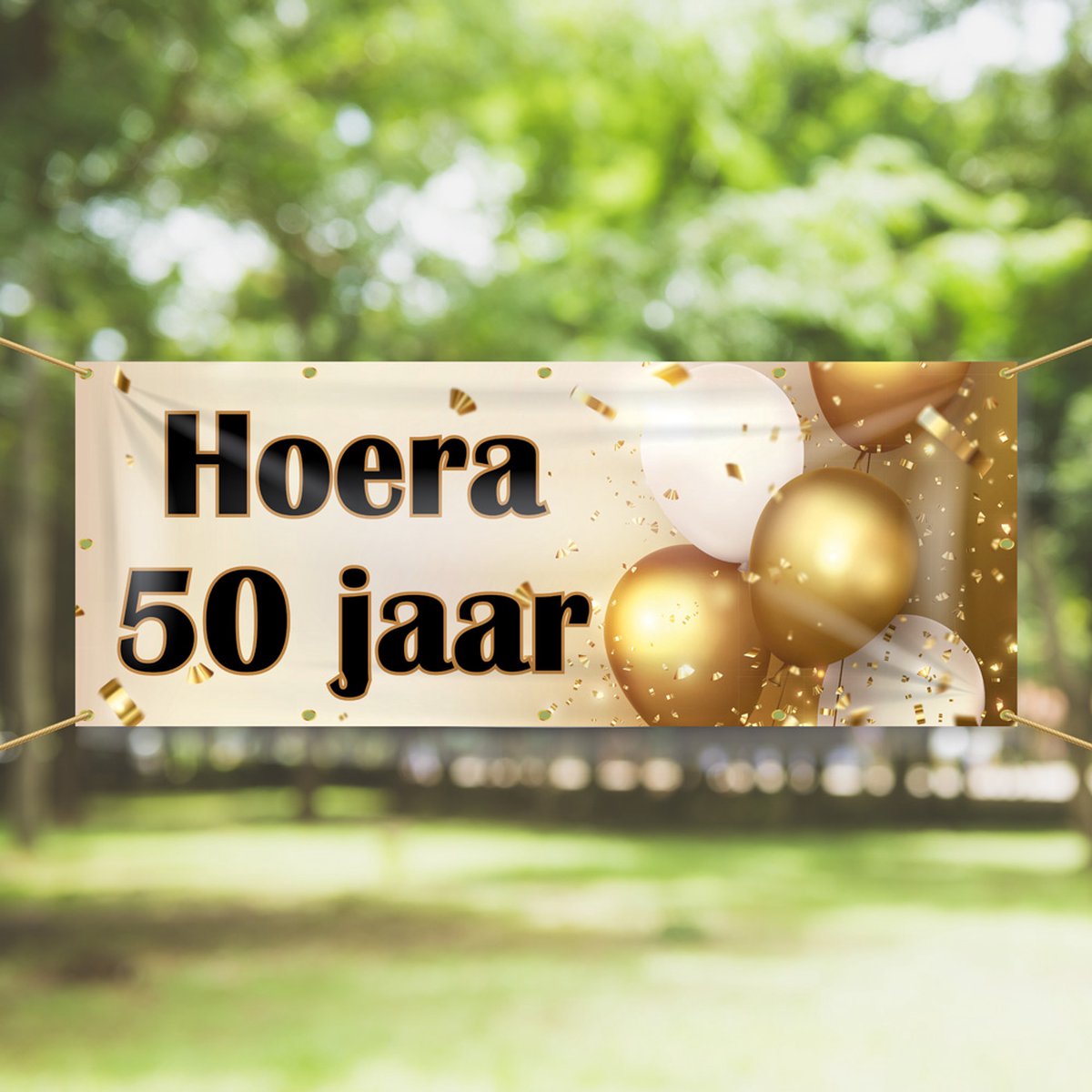 Spandoek Hoera 50 jaar - Gouden Ballonnen - 200 x 75 cm - Goud thema - Abraham - Sarah - Banier- PVC - Banner - Verjaardag - indoor en outdoor