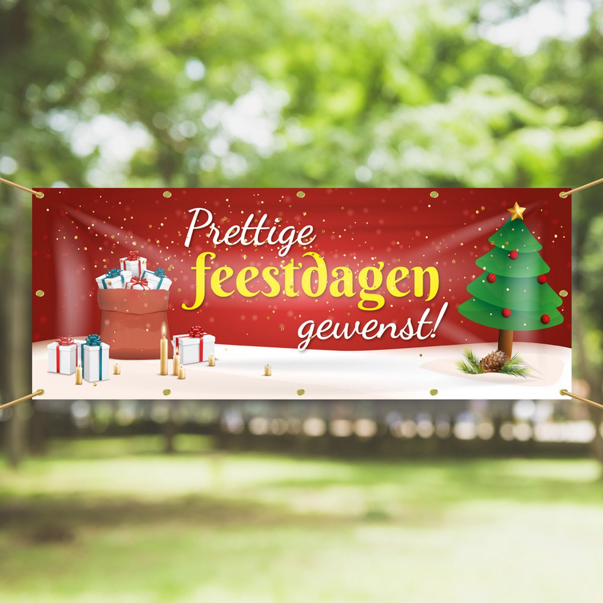 Spandoek Prettige Feestdagen gewenst - 150 x 50 cm - kerst cadeautjes - Kerstboom - kerst - oud en nieuw - nieuwjaar - kraam - winkel - banner