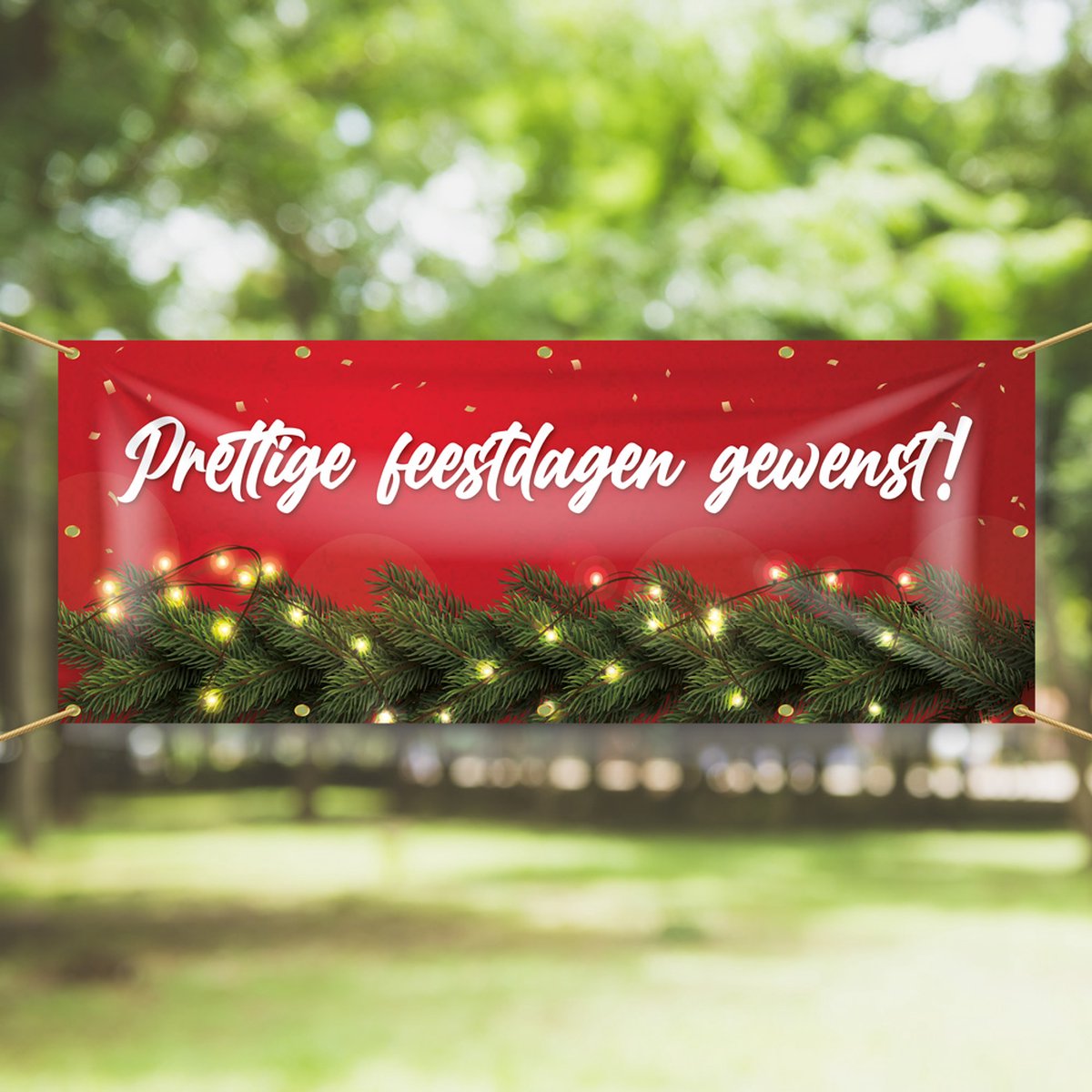 Spandoek Prettige Feestdagen gewenst - 200 x 75 cm - Guirlande - dennentakken - lichtjes - kerst - oud en nieuw - nieuwjaar - kraam - winkel - banner