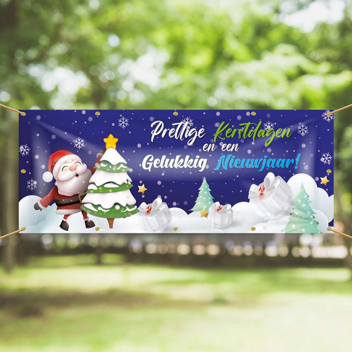 Spandoek Prettige Kerstdagen en een Gelukkig Nieuwjaar - 150 x 50 cm - Kerstman - Sneeuw -Kerstboom - kerst - oud en nieuw - nieuwjaar - kraam - winkel - banner