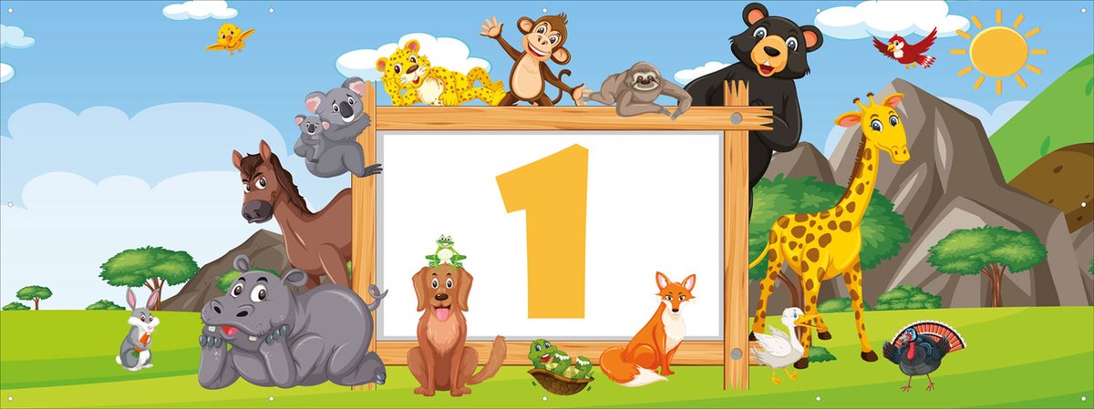 Spandoek Verjaardag 1 jaar - Jungle - Dieren - Kinderfeestje - 150 x 50 cm - met ringen - Versiering Verjaardag - Jongen - Meisje