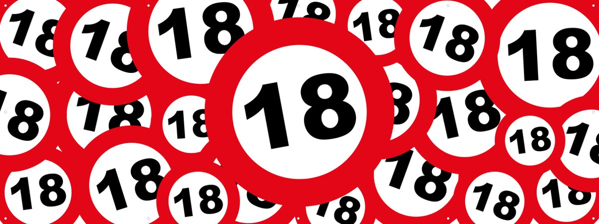 Spandoek Verkeersborden 18 jaar - Leeftijdsborden 18 - 150 x 50 cm - met ringen - PVC - Banner - Verjaardag - Banier- indoor en outdoor – Geveldoek