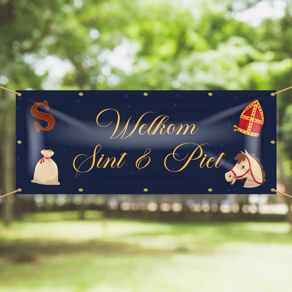 Spandoek Welkom Sint en Piet - 150 x 50 cm - Sinterklaasfiguren - Mijter - Paard - Chocoladeletter - Zak - Sinterklaas - Sinterklaasversiering - Sinterklaasintocht