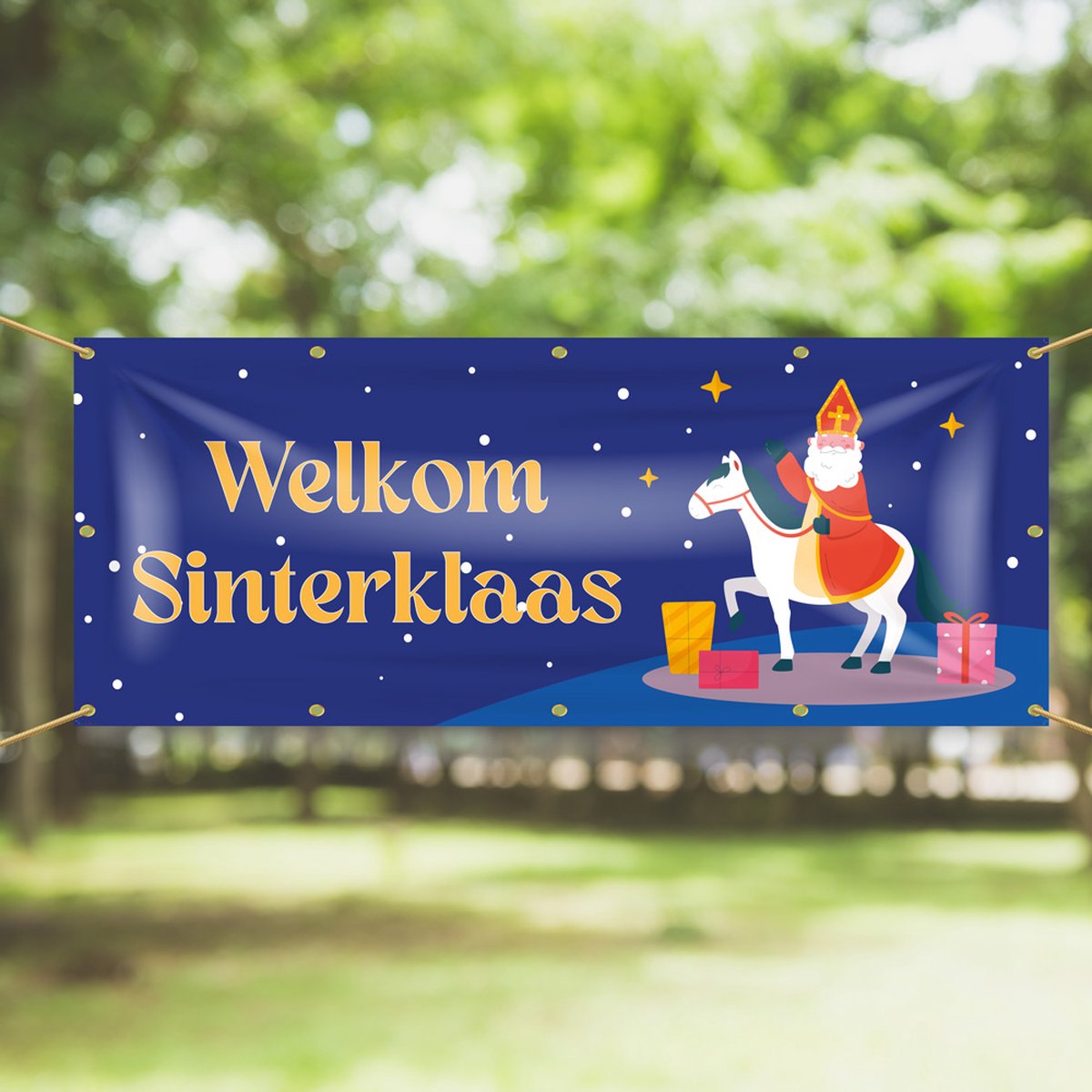 Spandoek Welkom Sinterklaas - 200 x 75 cm - Sinterklaas op paard - Winkel - Sinterklaasintocht - Sinterklaasavond