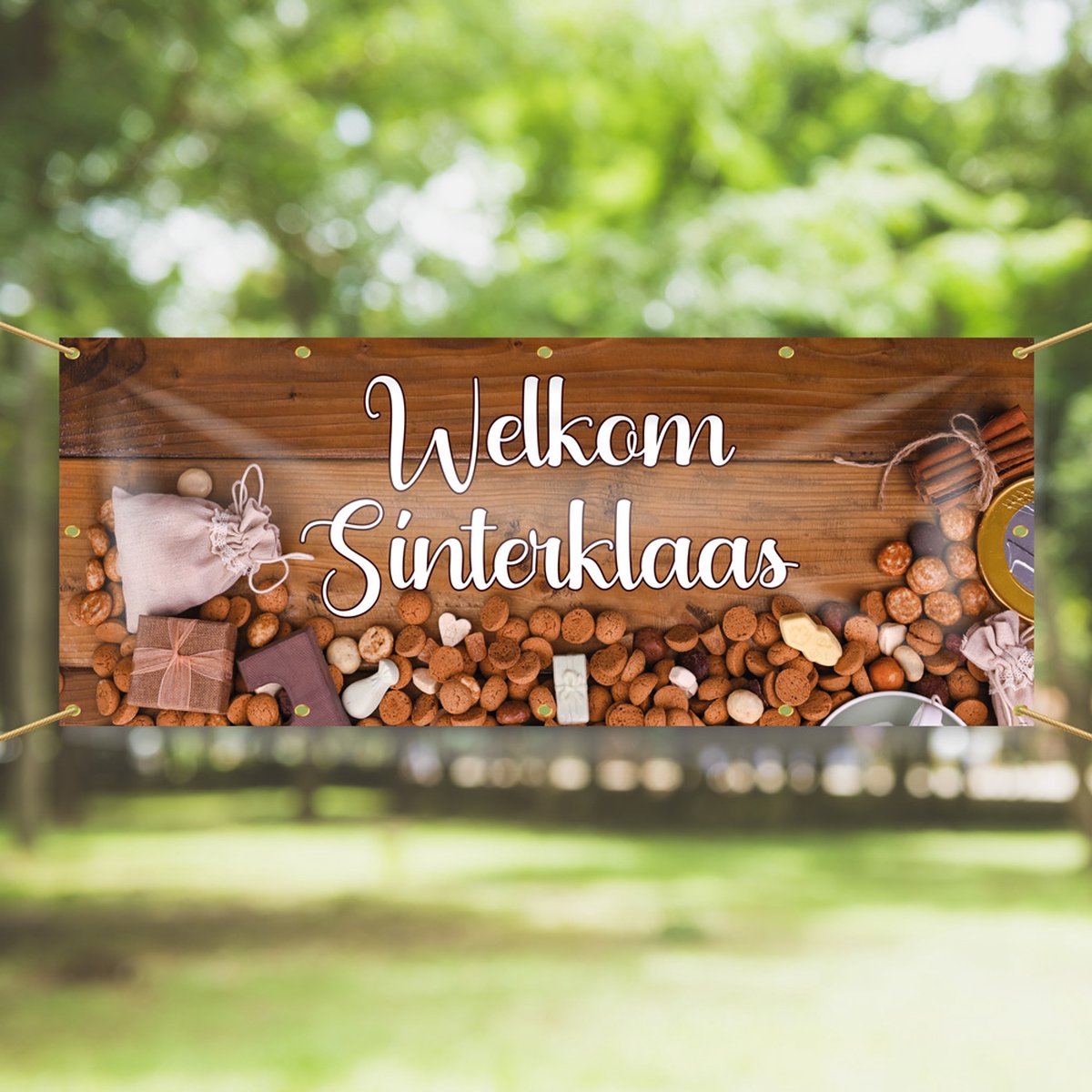 Spandoek Welkom Sinterklaas - Pepernoten en Snoepgoed - 150 x 50 cm - Sinterklaasintocht - Sint - Sinterklaasversiering - Sinterklaasavond