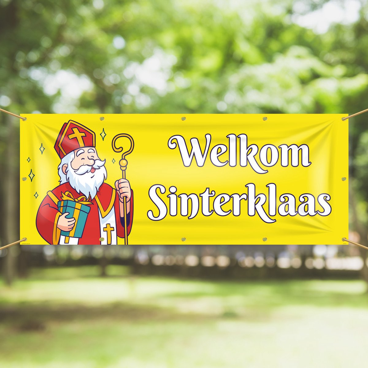 Spandoek Welkom Sinterklaas - Sint met staf - 150 x 50 cm - Sinterklaasversiering - Sinterklaasintocht - Sinterklaasfeest