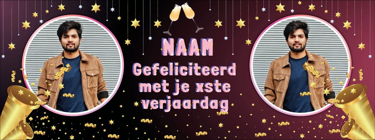Spandoek maken met Foto en Eigen tekst - Feesttoeters en sterren - 200 x 75 cm - Verjaardag - Abraham - Sarah - Feestje - Jubileum - met ringen - Banier - PVC - Banner - Verjaardag - indoor en outdoor – Versiering