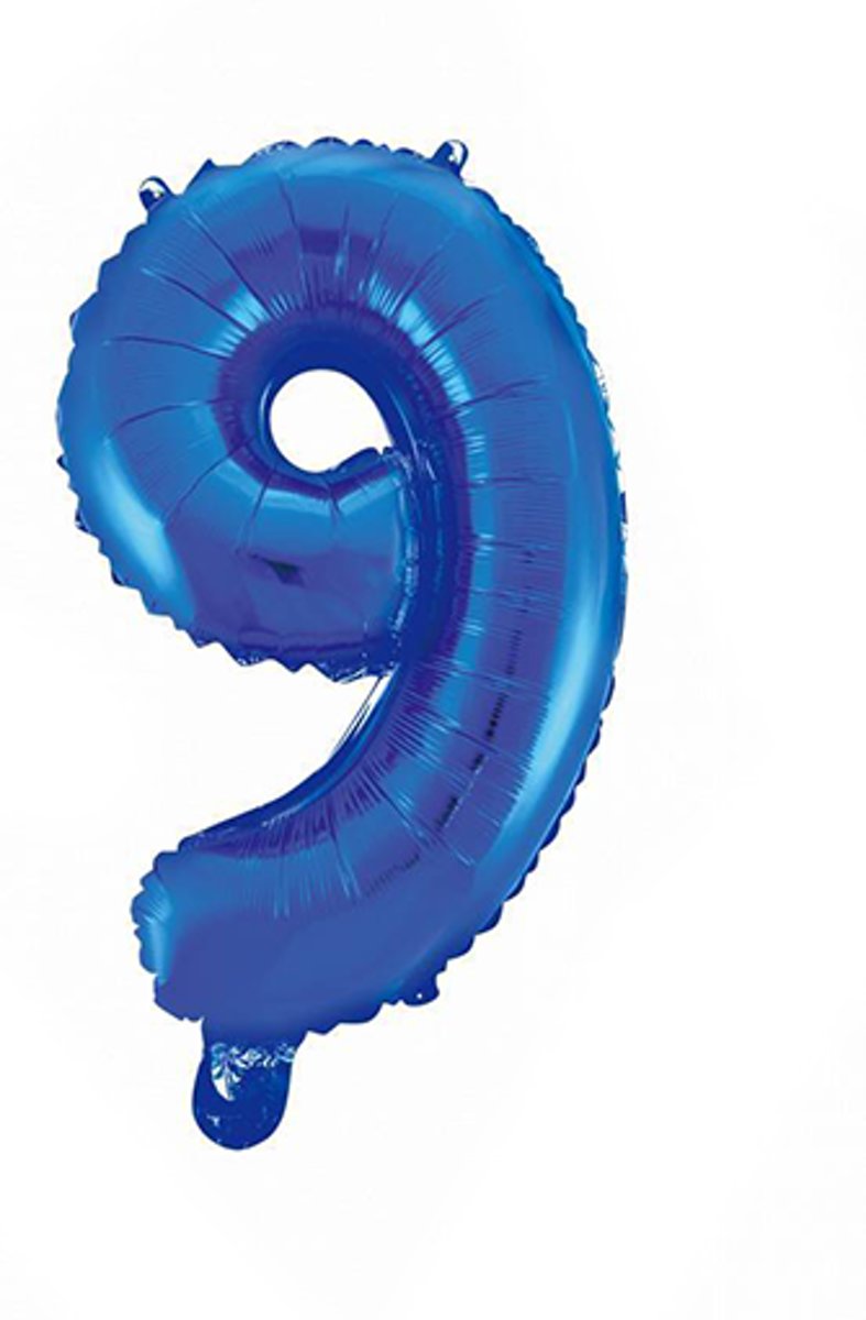 Folie Ballon Cijfer 9 Blauw 41cm met rietje