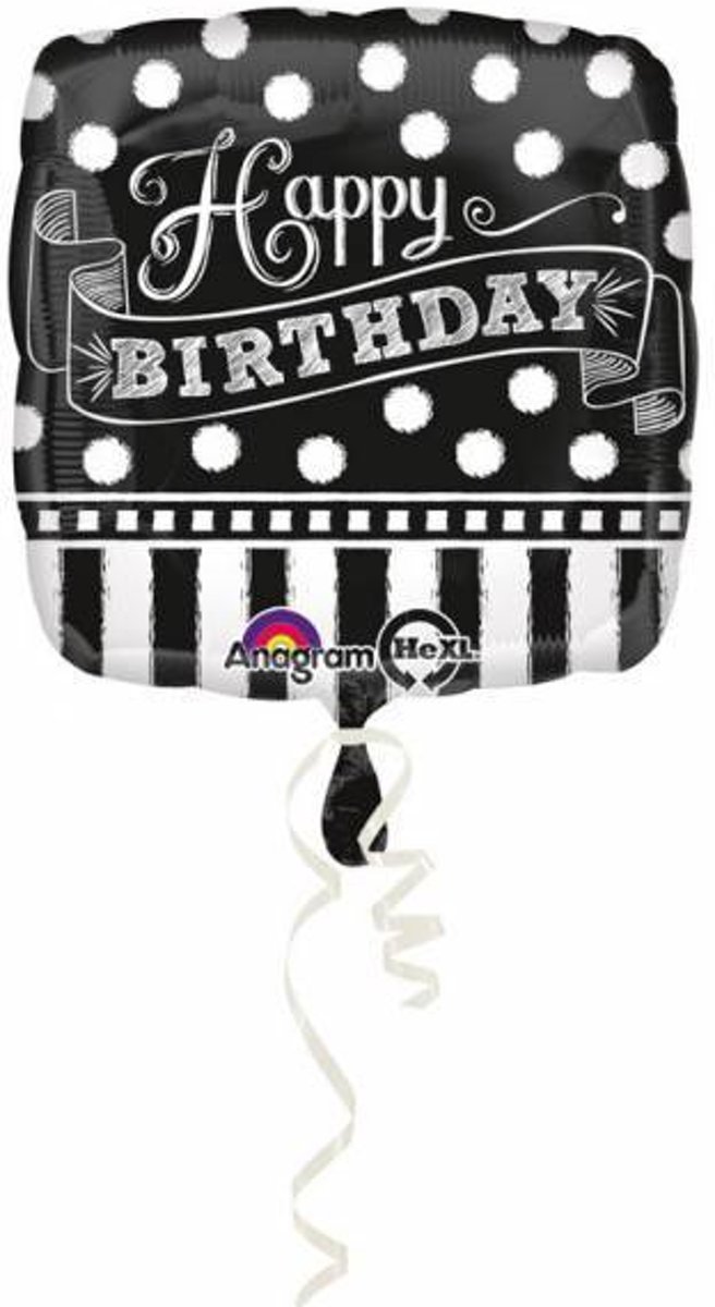 Helium Ballon Happy Birthday Zwart & Wit 43cm leeg