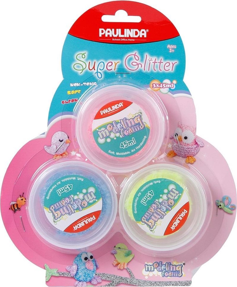 Paulinda Foamklei Super Glitter 45 Ml Blauw/roze/geel 3 Stuks