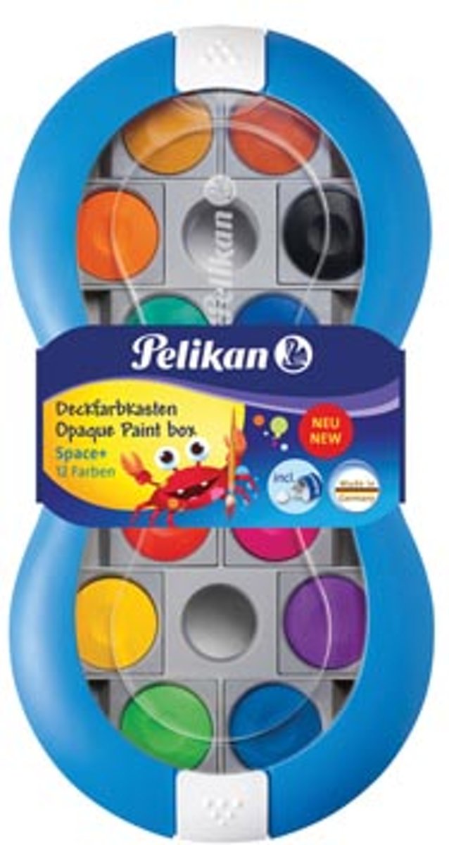 Pelikan plakkaatverf, blauwe doos met 12 napjes in geassorteerde kleuren