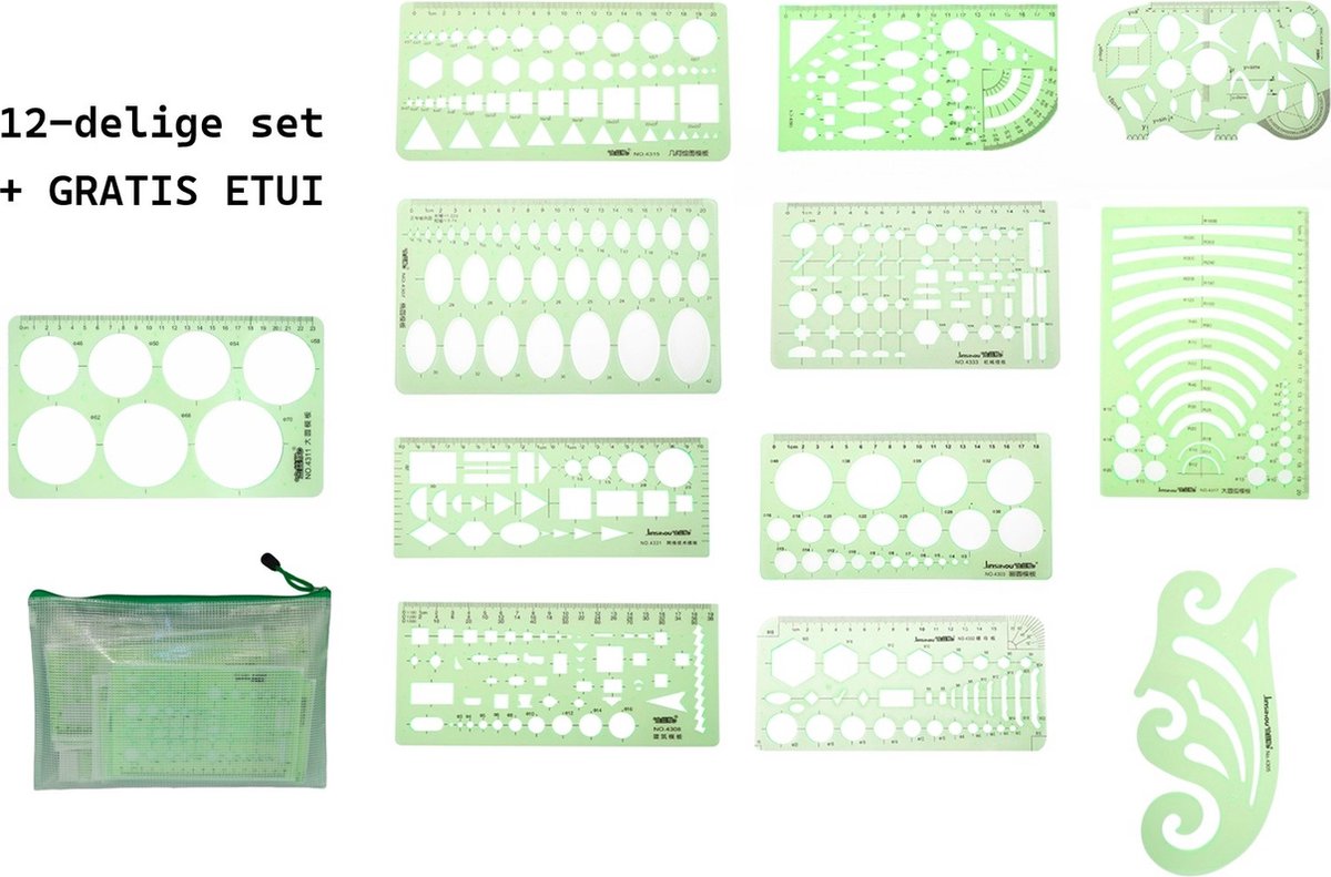12-delige set tekensjablonen - cirkelsjabloon - ideaal voor o.a. school, wiskunde, kantoor, architectuur & techniek
