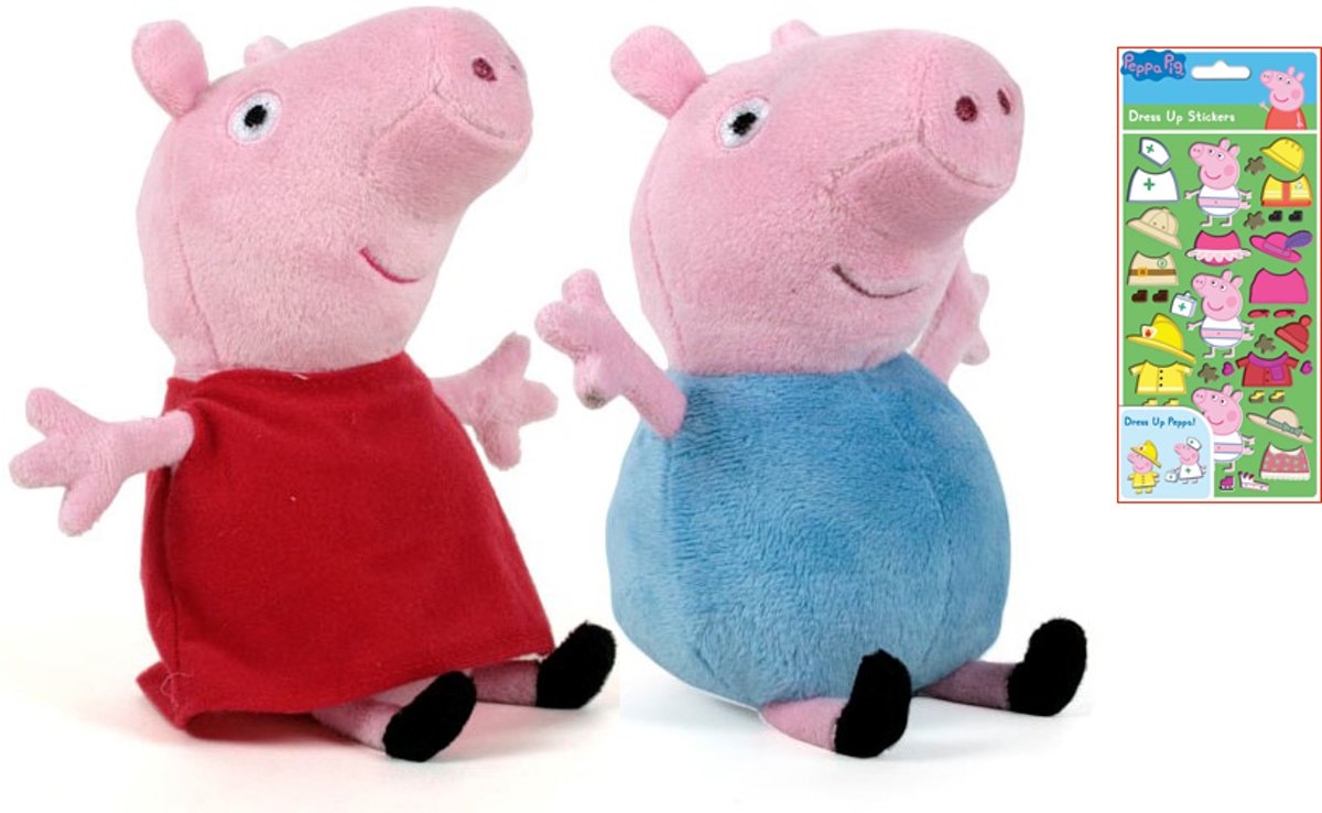 Peppa Pig knuffel pakket - Peppa en George – 28 cm groot – Ideaal cadeau - Officiële merklicentie en CE-keurmerk – GRATIS aankleedstickers