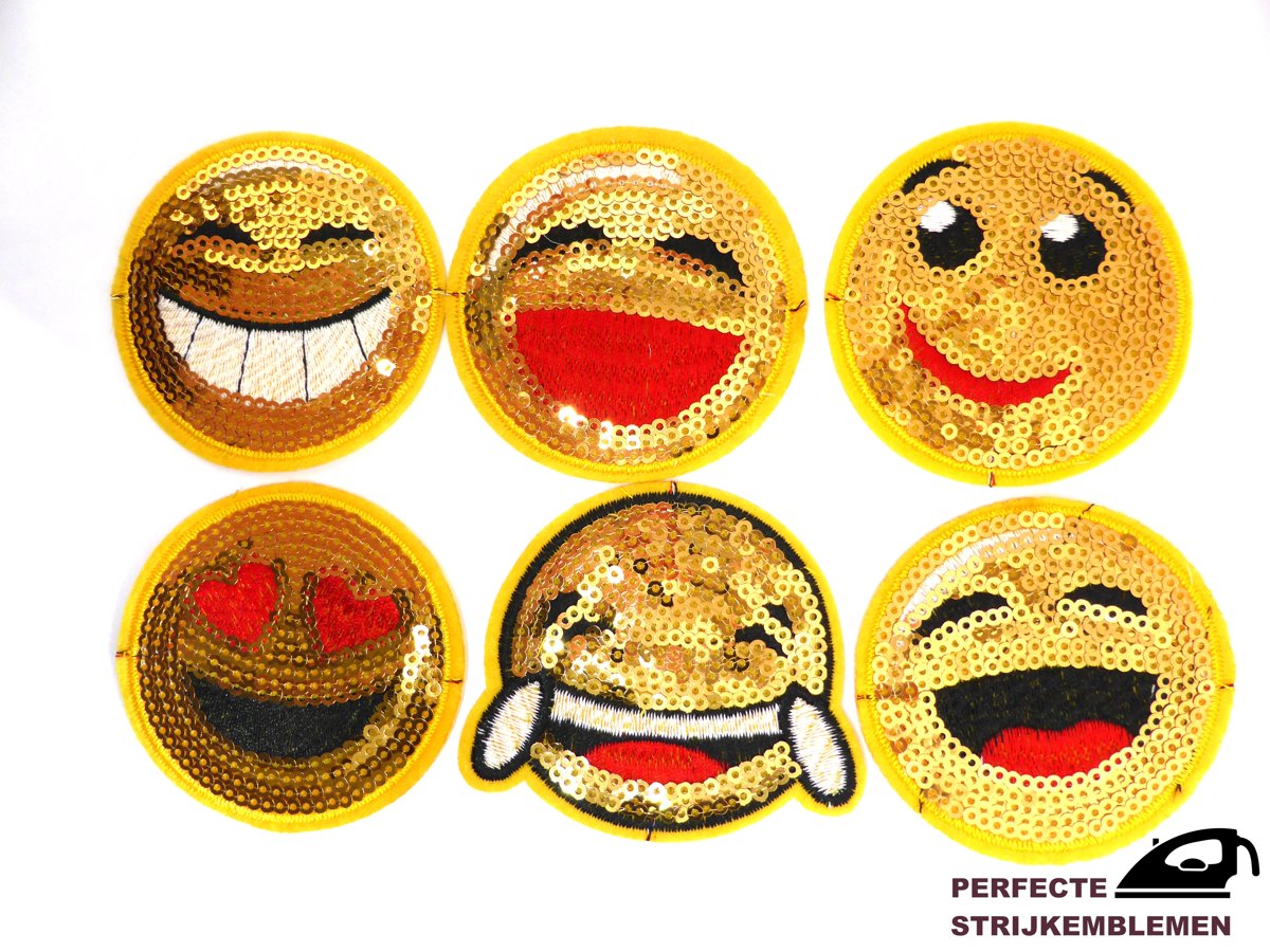 Strijk embleem ‘Glitter emoji/smiley pailletten patch set (6)’ – stof & strijk applicatie