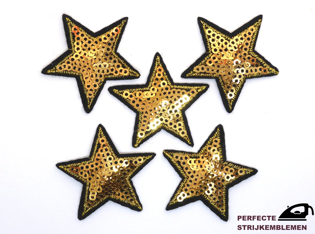 Strijk embleem ‘Glitter sterren goud paillet patch set (5)’ – stof & strijk applicatie