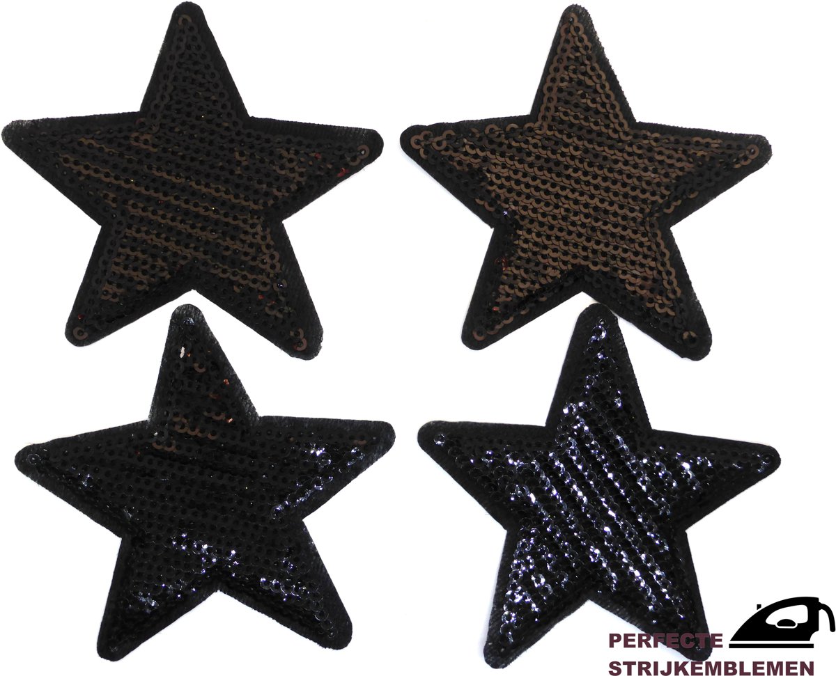 Strijk embleem ‘Glitter sterren zwart paillet patch set (4)’ – stof & strijk applicatie