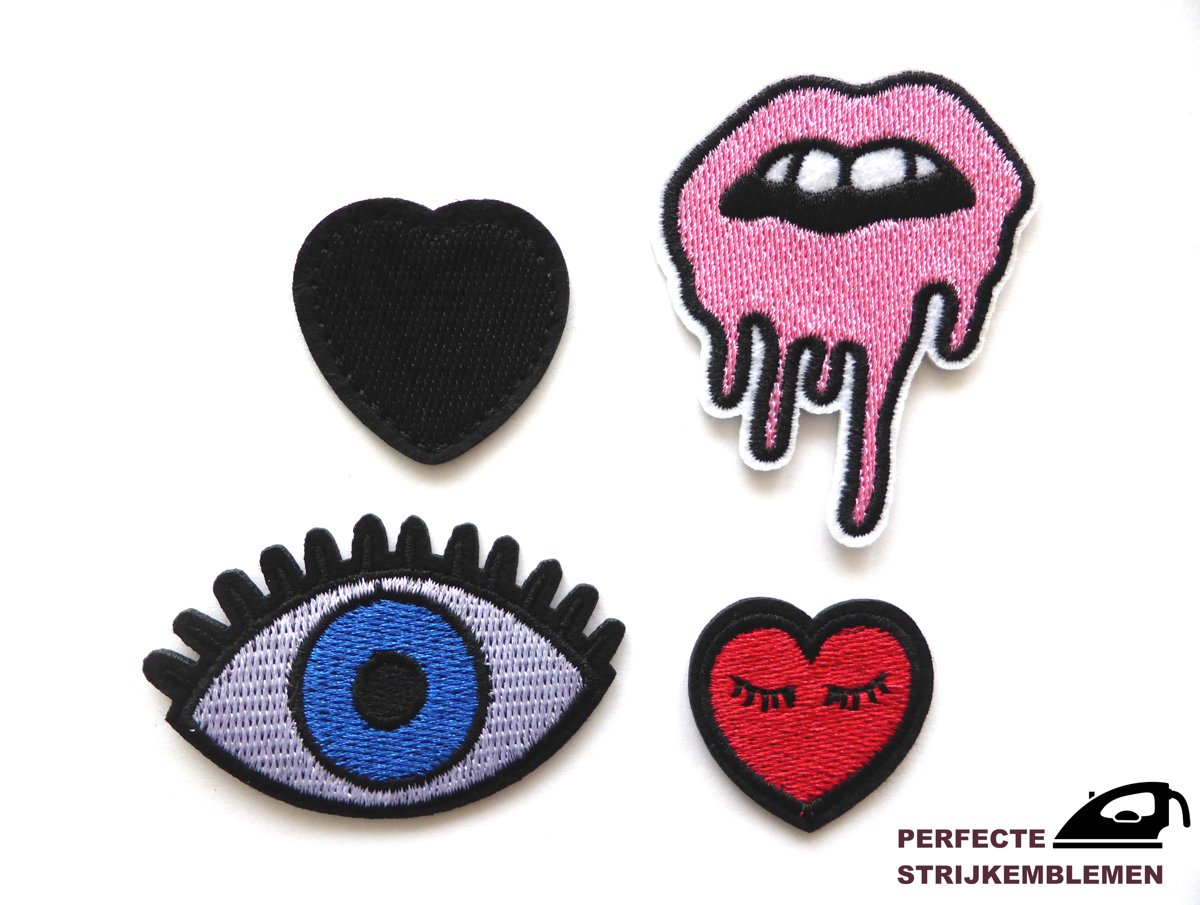 Strijk embleem ‘Hart, oog en mond patch set (4)’ – stof & strijk applicatie