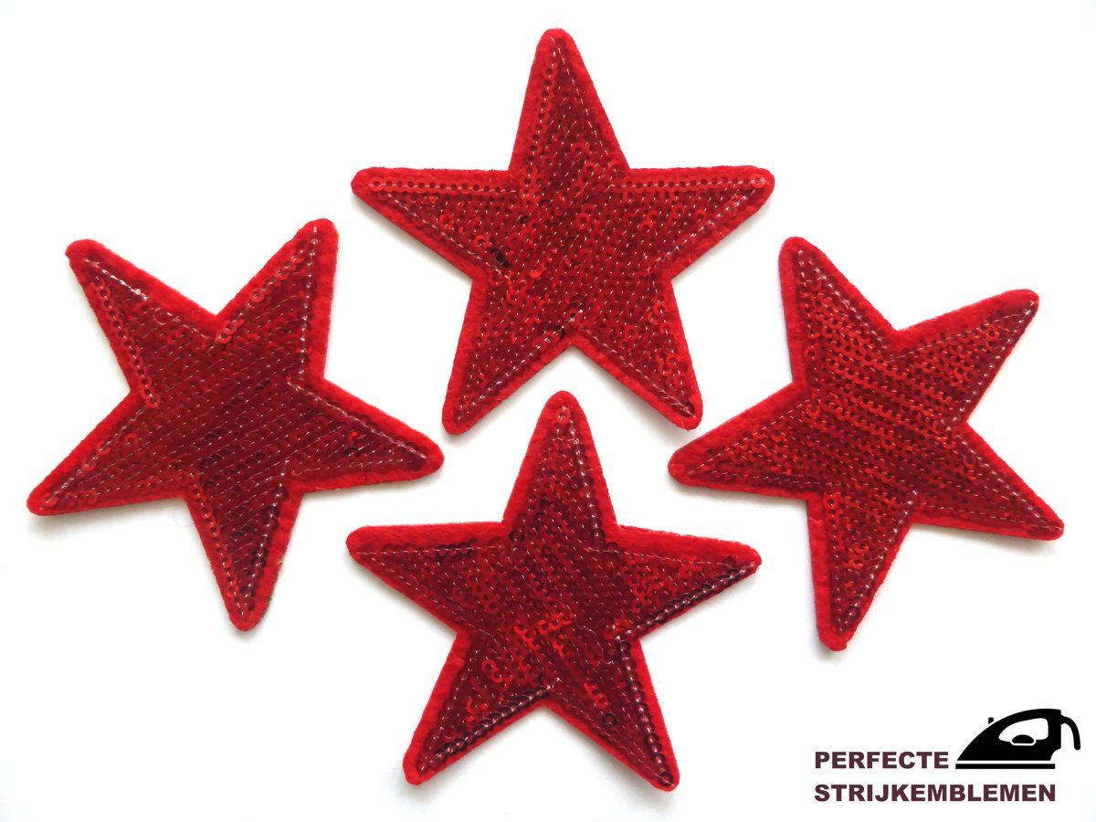 Strijk embleem ‘Glitter sterren rood paillet patch set (4)’ – stof & strijk applicatie