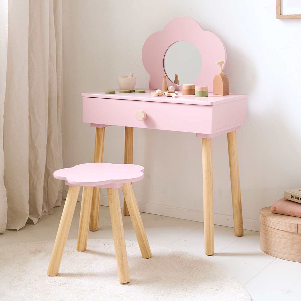 Petite Amélie Houten Kaptafel met Spiegel en Stoel - Roze - Make-up Tafel met Stoel & Spiegel - Fleur