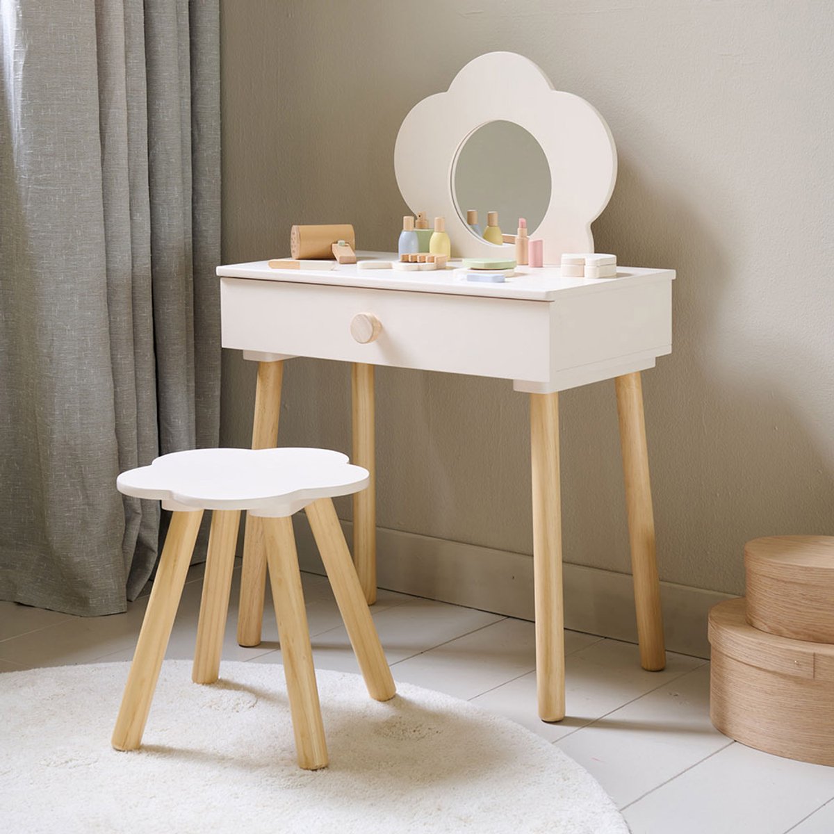 Petite Amélie Houten Kaptafel met Spiegel en Stoel - Wit - Make-up Tafel met Stoel & Spiegel - Fleur