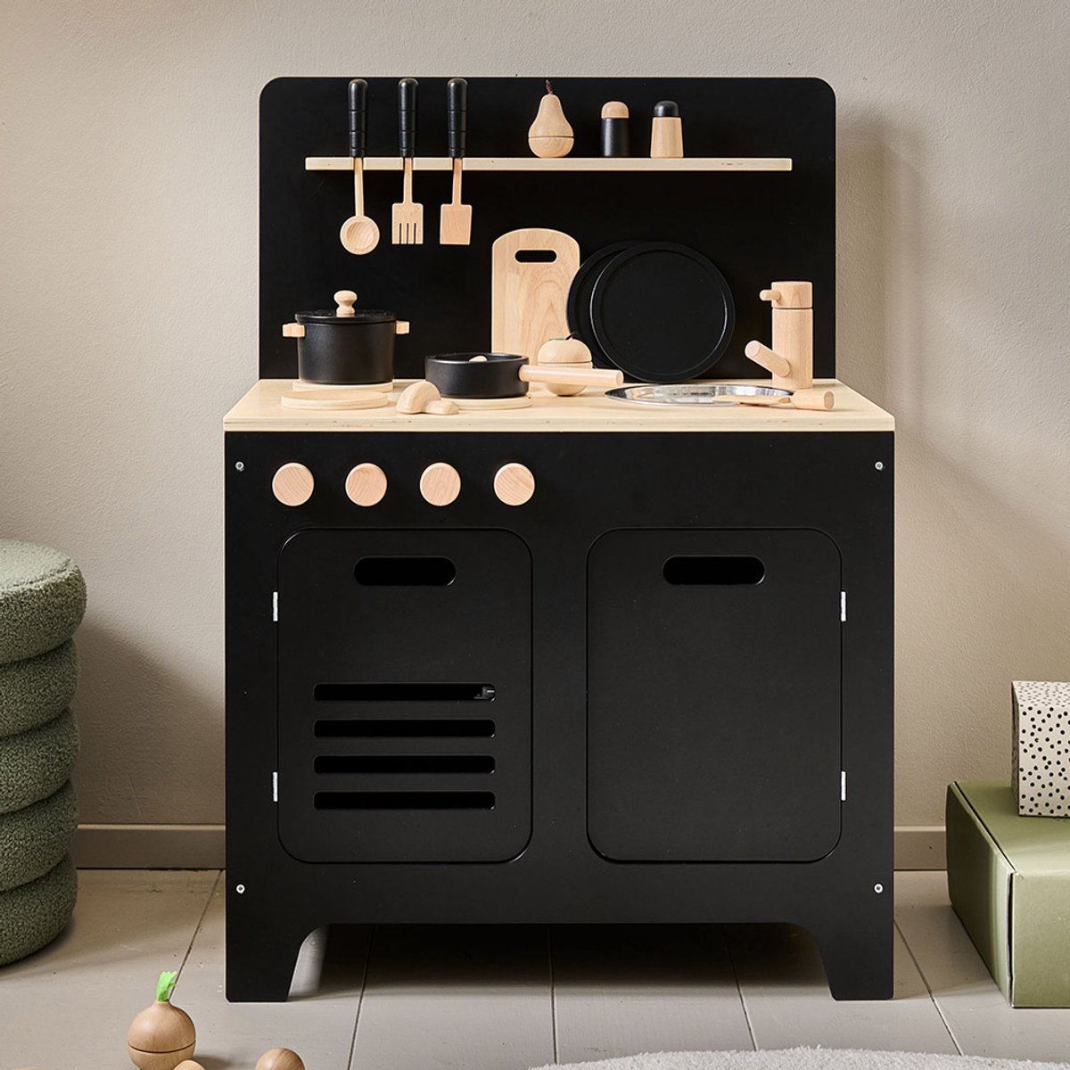 Petite Amélie Speelkeuken Hout Zwart - Kinderkeuken inc. 13 speelgoed keukenaccessoires - Moderne & Elegante kleur - Elke Dag een Culinaire Droom
