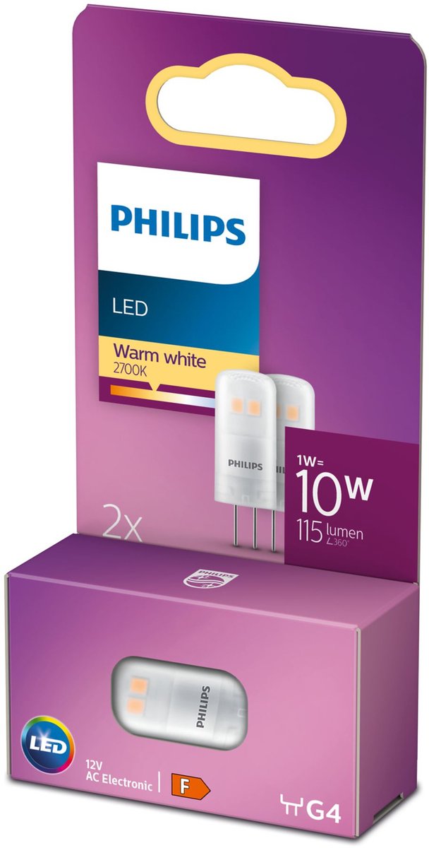 Philips energiezuinige LED Capsule Transparant - 10 W - G4 - warmwit licht - 2 stuks - Bespaar op energiekosten