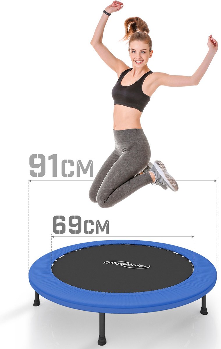 GoodVibes - Fitness Trampoline met Beschermrand voor Kinderen en Volwassenen - Diameter 91 cm - Voor Binnen en Buiten Gebruik - Maximaal 100 kg - Mini Tuin Trampoline