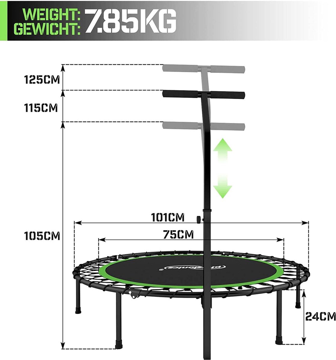 Physionics- Fitness trampoline - diameter 101 cm, in hoogte verstelbare handgreep, tot 120 kg, inklapbaar - mini-trampoline, aerobic trampoline voor volwassenen en kinderen, jumper, rebounder, groen