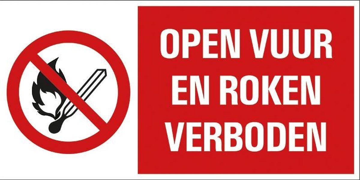 Pickup - Open vuur en roken verboden - conform NEN-EN-ISO 7010 bord 30x15 cm