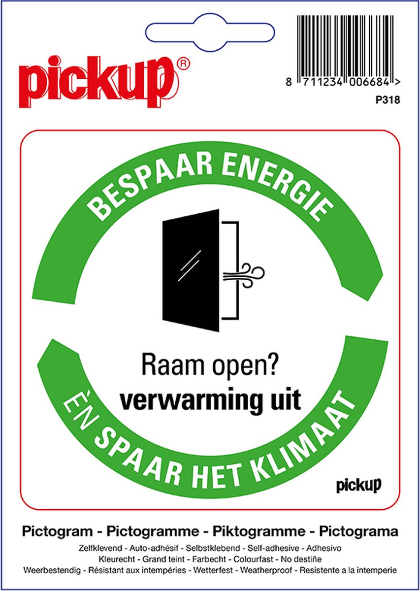 Pickup sticker Bespaar Energie spaar het klimaat: Raam open, Verwarming uit - 10x10 cm