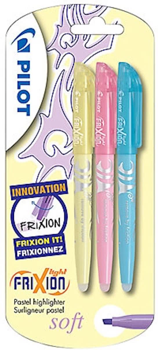 Pilot Frixion markeerstift set van 3 soft pastel blauw, geel, pink