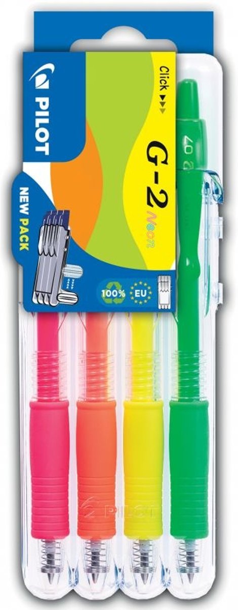 Pilot G-2 - Neon - Groen, Oranje, Roze, Geel - per 4 verpakt